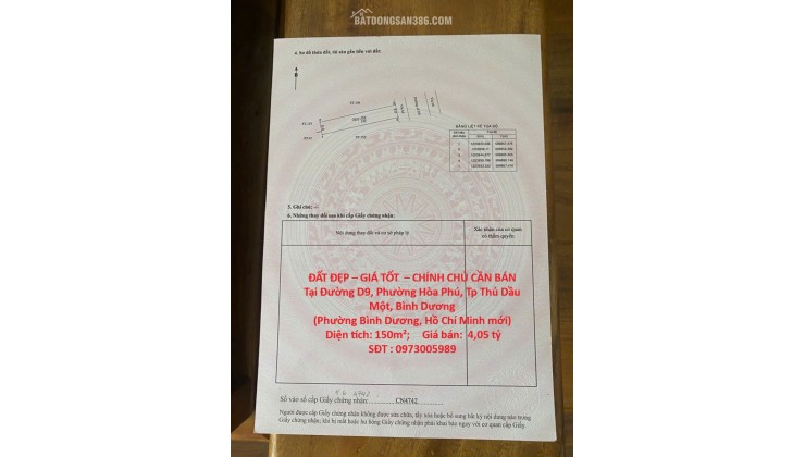 ĐẤT ĐẸP – GIÁ TỐT  – CHÍNH CHỦ CẦN BÁN Tại Đường D9, Phường Hòa Phú, Tp Thủ Dầu Một, Bình Dương
