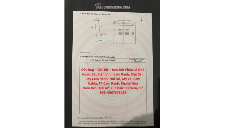 Đất Đẹp – Giá Tốt – Bán Đất Phân Lô Nhà Nước Sát Biển Vịnh Cam Ranh, Gần Sân Bay Cam Ranh,Khánh Hòa