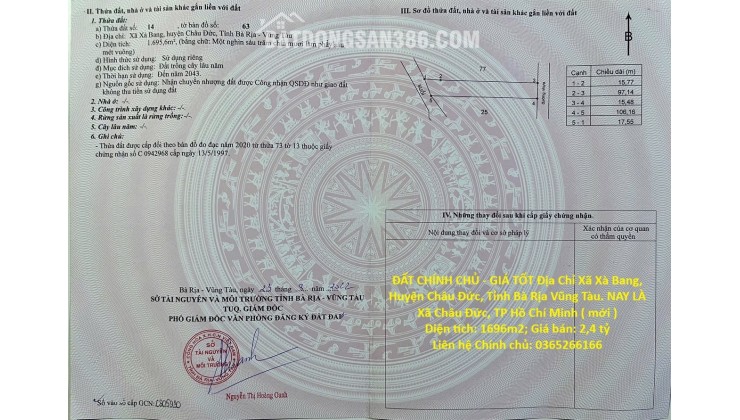 ĐẤT CHÍNH CHỦ - GIÁ TỐT Địa Chỉ Xã Xà Bang, Huyện Châu Đức, Tỉnh Bà Rịa Vũng Tàu