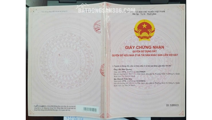 BÁN NHÀ VÀ ĐẤT TẠI P.BÌNH TRỊ ĐÔNG A - DT 126M2 - SHR - 8.7 TỶ TL. LH:0932688139