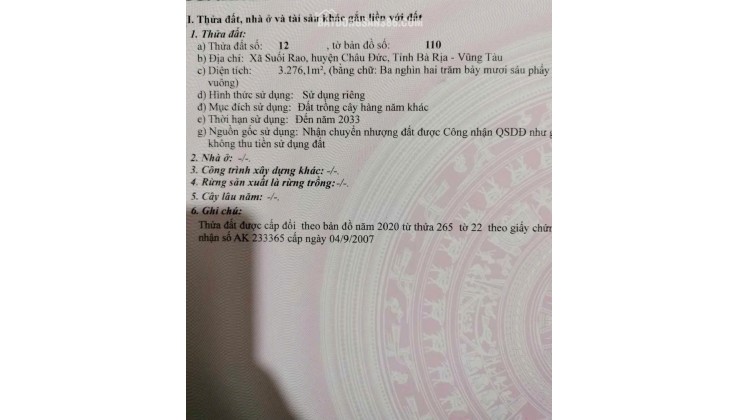 ĐẤT ĐẸP - ĐẦU TƯ SINH LỜI - Bán GẤP Lô Đất Tiềm Năng Tại Suối Rao, Châu Đức, Bà Rịa Vũng Tàu