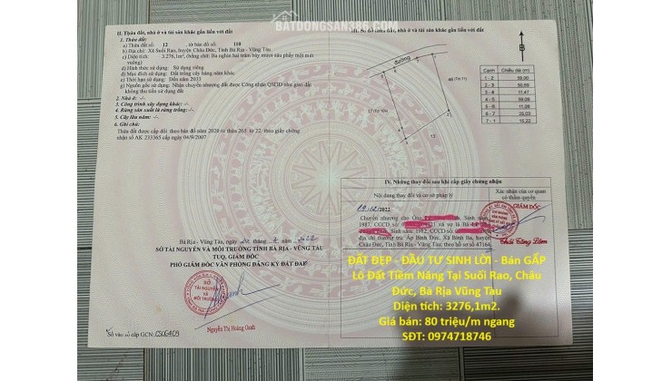 ĐẤT ĐẸP - ĐẦU TƯ SINH LỜI - Bán GẤP Lô Đất Tiềm Năng Tại Suối Rao, Châu Đức, Bà Rịa Vũng Tàu