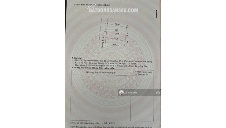 Lô đất 120.1m2 full thổ tại Đồng Trạng, Hòa Lạc mặt tiền 9,25m. Đường thông ôtô tránh. Chỉ 33tr/m2