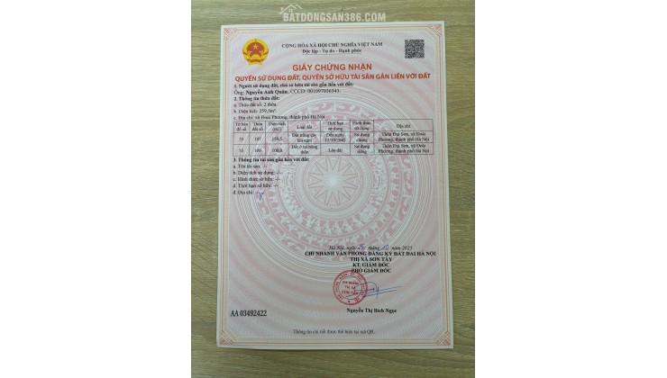 MẢNH ĐẤT VÀNG GIÁ F0 TẠI SƠN ĐÔNG, SƠN TÂY, HÀ NỘI. 100m2 full thổ, mặt tiền 6,8m