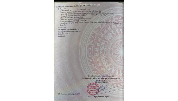 BÁN ĐẤT TẠI HOÁ AN, BIÊN HOÀ, ĐỒNG NAI, DT 4202 M2 SHR 12.5 TỶ. LH:0919228287.