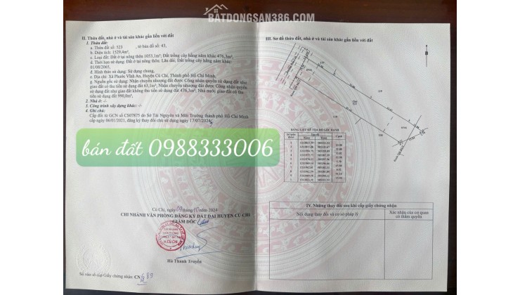 BÁN ĐẤT MT ĐƯỜNG BẦU GIÃ, CỦ CHI - DT 1.529,4M2 - SHR - 17TR/M2. LH:0988333006.