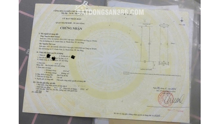 BÁN NHÀ TẠI THANH KHÊ, ĐÀ NẴNG DT 63,8M2 - SHR - CHỈ 7.5 TỶ. LH:0935218919.