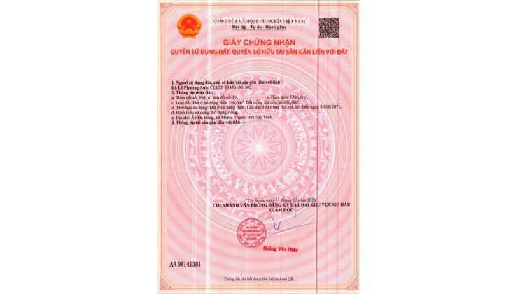 BÁN ĐẤT XÃ PHƯỚC THẠNH, TÂY NINH. 2 LÔ LIỀN KỀ. TỔNG DIỆN TÍCH 1556 M2 - SHR. LH:0786111122.