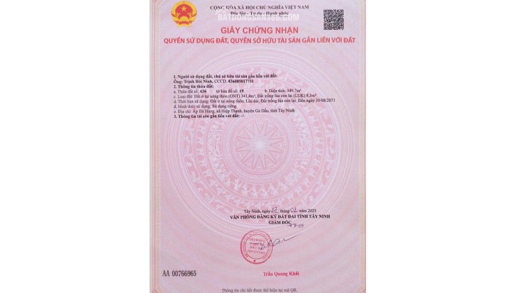 BÁN ĐẤT XÃ PHƯỚC THẠNH, TÂY NINH. 2 LÔ LIỀN KỀ. TỔNG DIỆN TÍCH 1556 M2 - SHR. LH:0786111122.