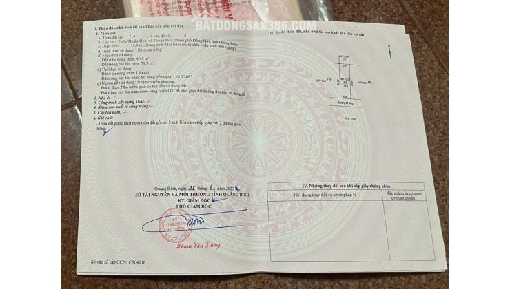 BÁN ĐẤT TP ĐỒNG HỚI, TỈNH QUẢNG BÌNH, SỔ HỒNG RIÊNG, CHỈ 500TR/LÔ. LH:0945576667