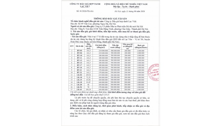 CÔNG TY ĐẤU GIÁ HỢP DANH LẠC VIÊT ( 0867523488 )
 CHÍNH THỨC MỞ BÁN HỒ SƠ TỪ NGÀY 23/06/2026