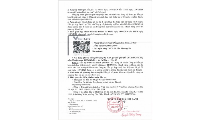 CÔNG TY ĐẤU GIÁ HỢP DANH LẠC VIÊT ( 0867523488 )
 CHÍNH THỨC MỞ BÁN HỒ SƠ TỪ NGÀY 23/06/2026