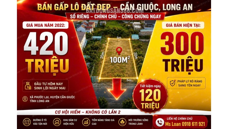 Bán Gấp Đất Sổ Riêng Long An 100m² Giá Chỉ 300 Triệu