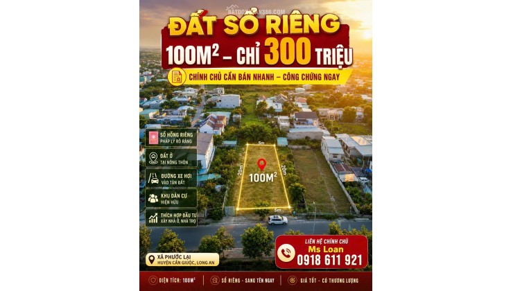Bán Gấp Đất Sổ Riêng Long An 100m² Giá Chỉ 300 Triệu