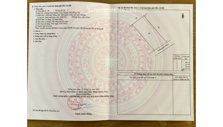 Bán đất Xã Bình Sơn Long Thành 1000.2m2, giá 8,7 tỷ