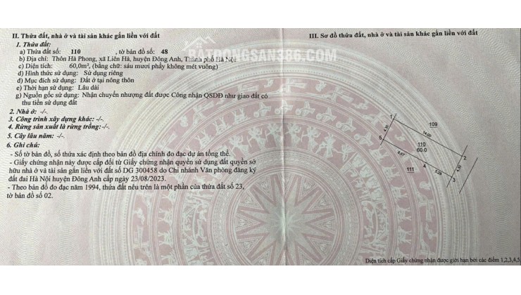 CHÍNH CHỦ CÓ MẢNH ĐẤT CẦN BÁN TẠI THÔN HÀ PHONG - XÃ LIÊN HÀ - HUYỆN ĐÔNG ANH - TP HÀ NỘI