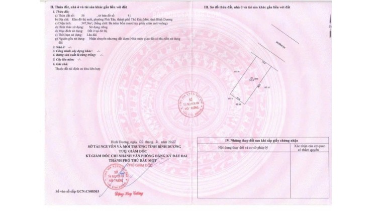 CC BÁN ĐẤT ĐƯỜNG LÊ LỢI - P.BÌNH DƯƠNG (PHÚ TÂN CŨ) 347.9MV CHỈ 43TR/M2. LH:0369121238.