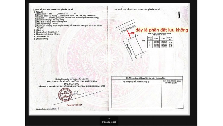 CHÍNH CHỦ CẦN BÁN ĐẤT THÔN TÂN XƯƠNG 1, X. Suối Cát, H. Cam Lâm, T. Khánh Hòa