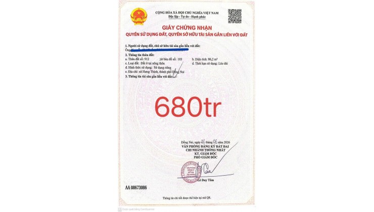 CHỈ 680 TRIỆU – SỞ HỮU NGAY ĐẤT THỔ CƯ SỔ RIÊNG 135,2m² TẠI HƯNG THỊNH , TP ĐỒNG NAI
