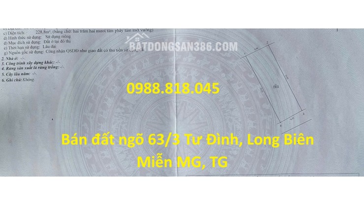 Chính chủ bán đất phân lô ngõ 63 Tư Đình, phường Long Biên, thành phố Hà Nội, 229m2, đường ô tô tránh, miễn TG