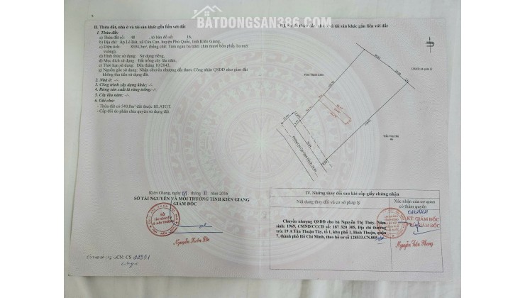 BÁN ĐẤT PHÚ QUỐC, TỈNH KIÊN GIANG – DT 8394,3 M2 - SHR – 18TR/M2. LH:0903464999
