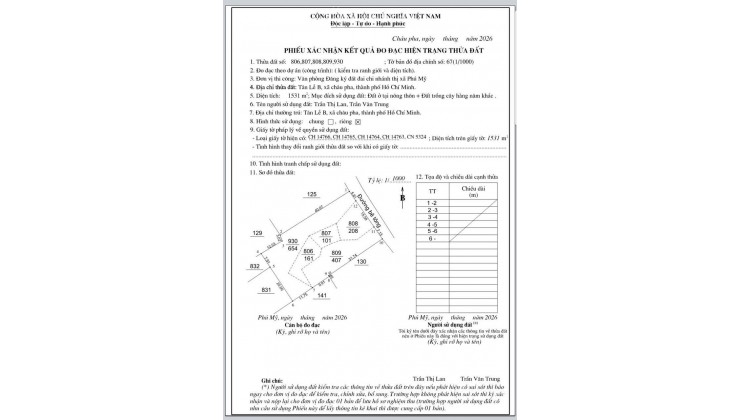 CHÍNH CHỦ BÁN ĐẤT 1.531M² TẠI TÂN LỄ B – CHÂU PHA, TP HỒ CHÍ MINH