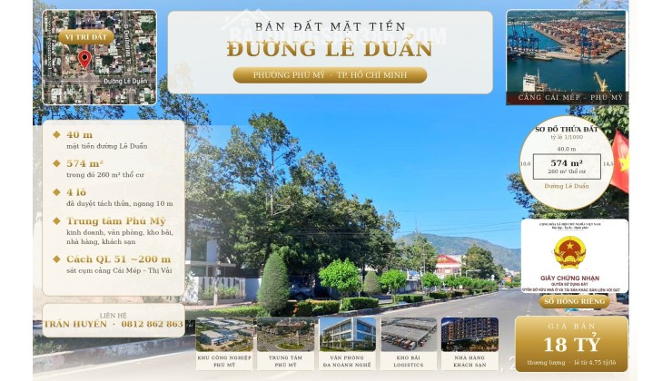 Bán đất trung tâm Phú Mỹ: 40m mặt tiền Lê Duẩn, 574m² có 260m² thổ cư, tách sẵn 4 lô