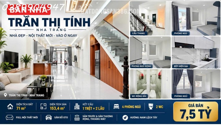BÁN NHÀ MỚI 3 TẦNG MẶT TIỀN ĐƯỜNG TRẦN THỊ TÍNH NHA TRANG – DIỆN TÍCH SÀN 153,4M² FULL NỘI THẤT CAO CẤP CÓ 4 PHÒNG NGỦ SÂN ĐỖ Ô TÔ VÀ SÂN THƯỢNG