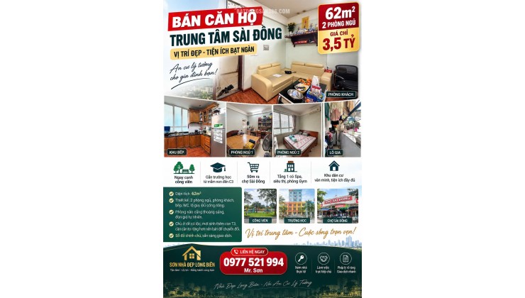  BÁN CĂN HỘ 62M² FULL NỘI THẤT TRUNG TÂM SÀI ĐỒNG GIÁ 3,5 TỶ