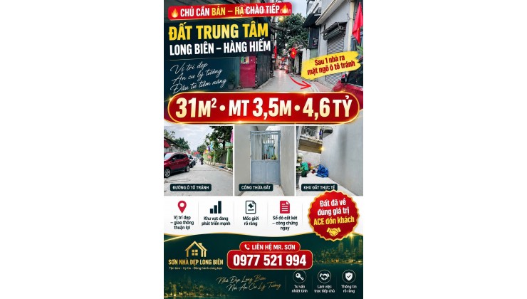 HÀNG HIẾM BÁN ĐẤT NGUYỄN VĂN LINH, LONG BIÊN  SAU 1 NHÀ RA Ô TÔ TRÁNH  KHU VỰC ĐANG PHÁT TRIỂN 31M²  MT 3,5M  4,6 TỶ.