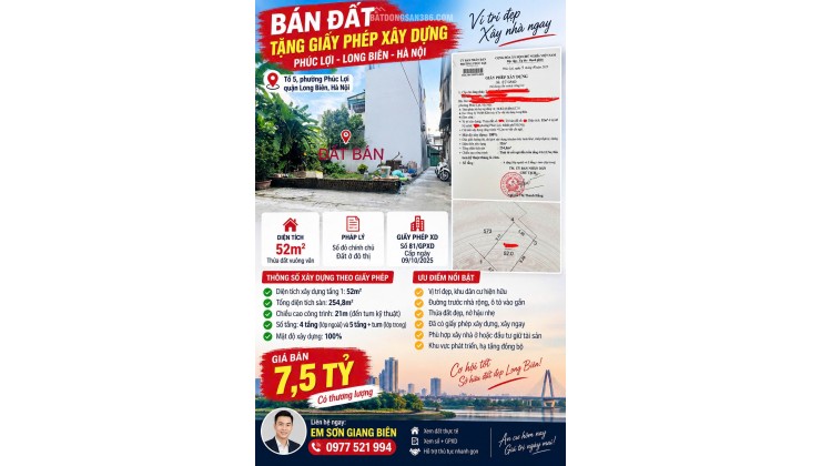  BÁN ĐẤT PHÚC lỢI TẶNG GIẤY PHÉP XÂY DỰNG LONG BIÊN 52M²  GIÁ 7,5 TỶ 