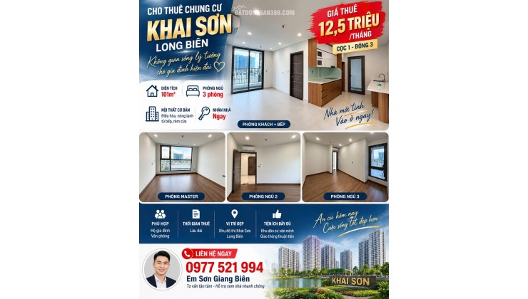  CHO THUÊ CHUNG CƯ KHAI SƠN LONG BIÊN CĂN 3 NGỦ  NHÀ MỚI TINH  101M²  12,5 TRIỆU/THÁNG