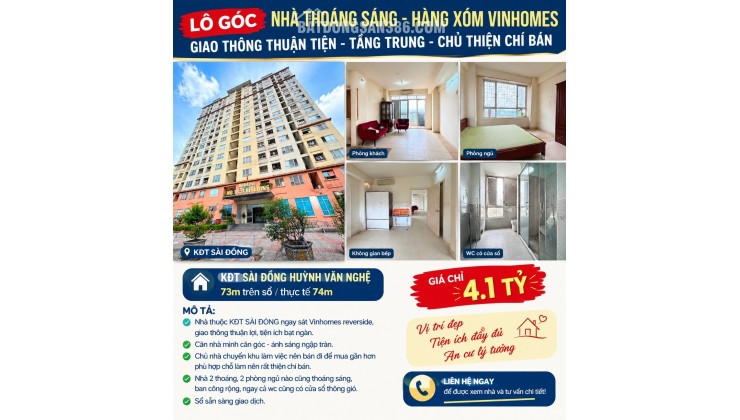 BÁN CHUNG CƯ LÔ GÓC THOÁNG SÁNG SÀI ĐỒNG HÀNG XÓM VINHOMES 2 NGỦ BAN CÔNG RỘNG 74M² 4.1 TỶ.