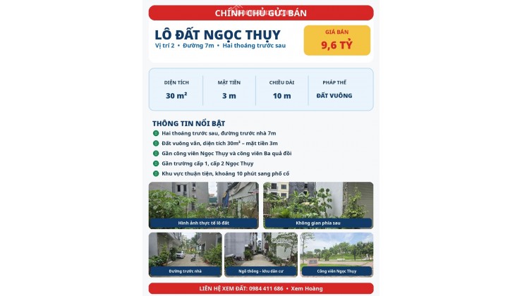 BÁN LÔ ĐẤT NGỌC THỤY – 30M² – ĐƯỜNG 7M – HAI THOÁNG – 9,6 TỶ