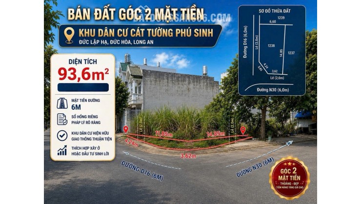BÁN ĐẤT ĐỨC HOÀ TỈNH TÂY NINH - DT 93,6 M2 - SHR - 2TỶ050TR. LH:0903974577