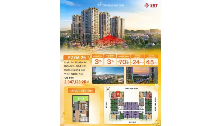 Căn hộ studio sân vườn view sông hướng biển, pháo hoa, núi Ngũ Hành Sơn, Đà Nẵng.