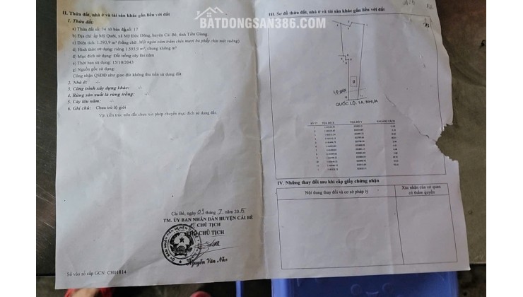 BÁN ĐẤT CÁI BÈ TIỀN GIANG, DT 2CÔNG8 - SHR - 17.5 TỶ. LH:0354408935